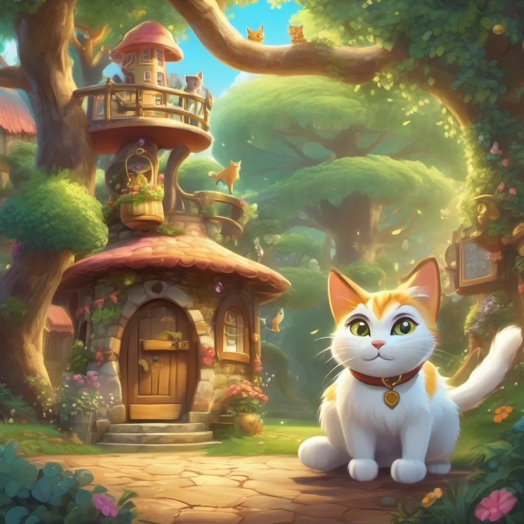 A clever cat with sparkling eyes and a big shiny shoe, living in a whimsical land running energetically back to the Wishing Tree, key in paw, with an excited expression.