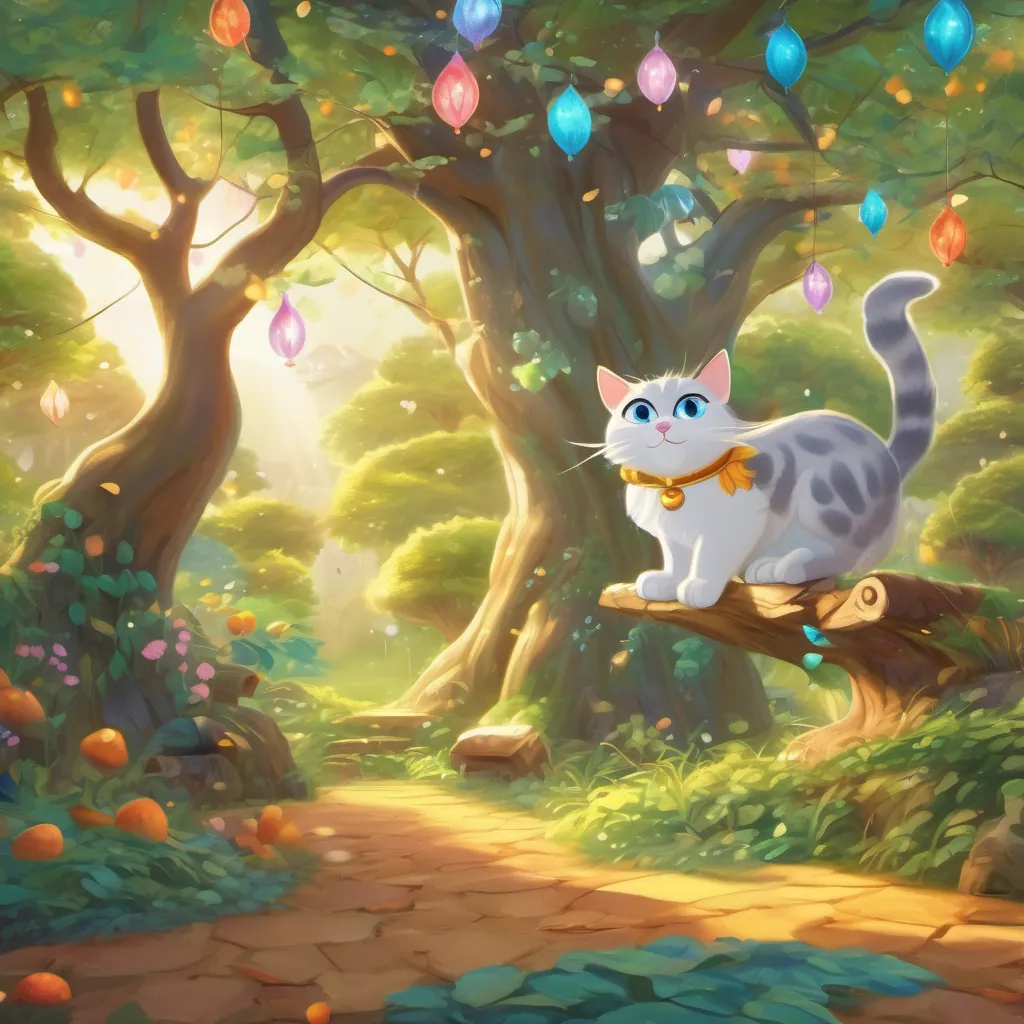 A clever cat with sparkling eyes and a big shiny shoe, living in a whimsical land making a wish under the Wishing Tree with glittering leaves and swaying branches.