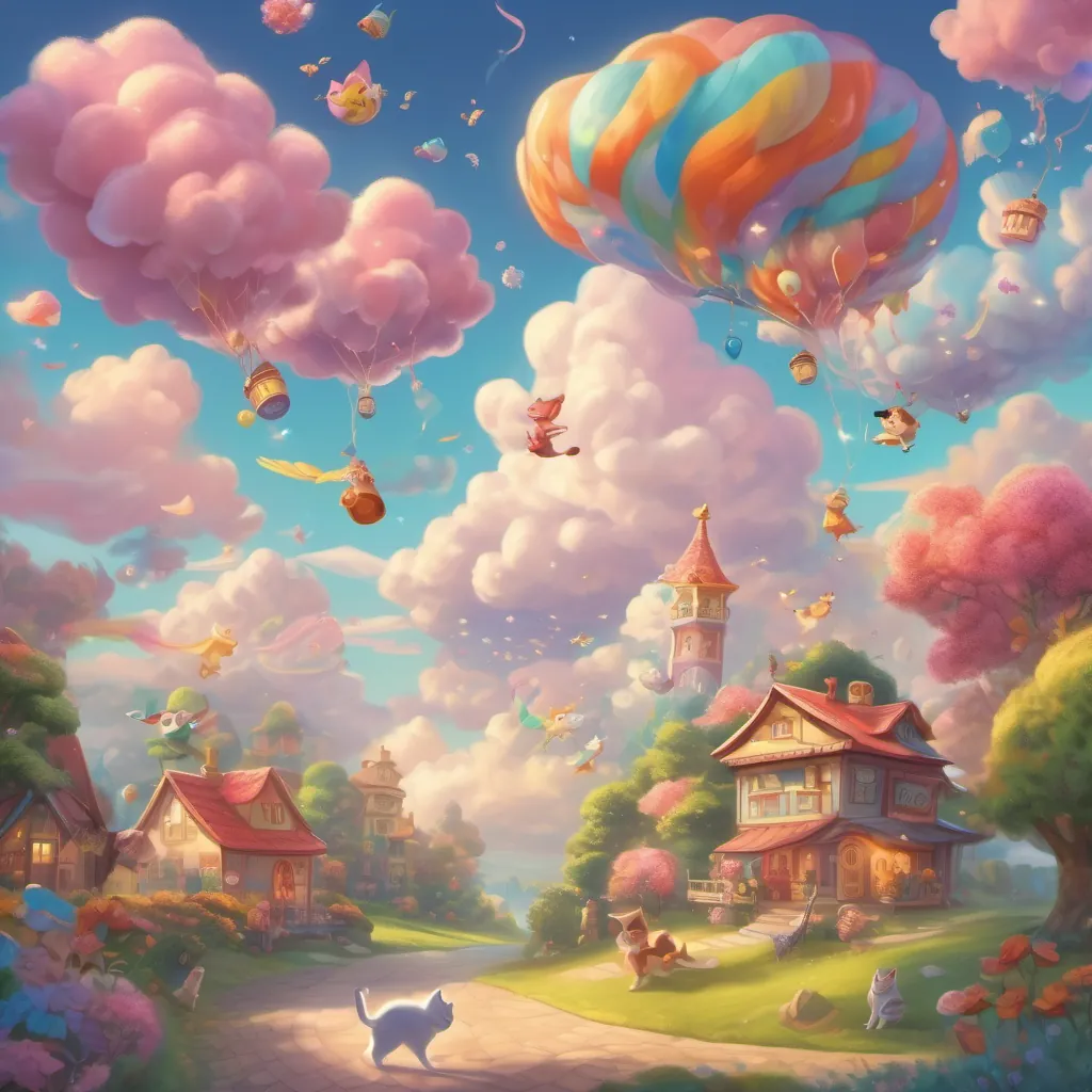 Candy clouds floating in the sky with winged giggles, and people laughing and smiling everywhere, while A clever cat with sparkling eyes and a big shiny shoe, living in a whimsical land dances with joy.