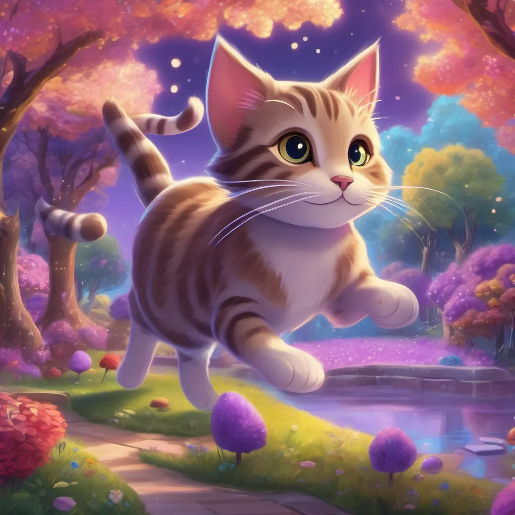 A clever cat with sparkling eyes and a big shiny shoe, living in a whimsical land, the cat with the shiny shoe, spreading joy and laughter in a whimsical land with purple skies and blue trees.
