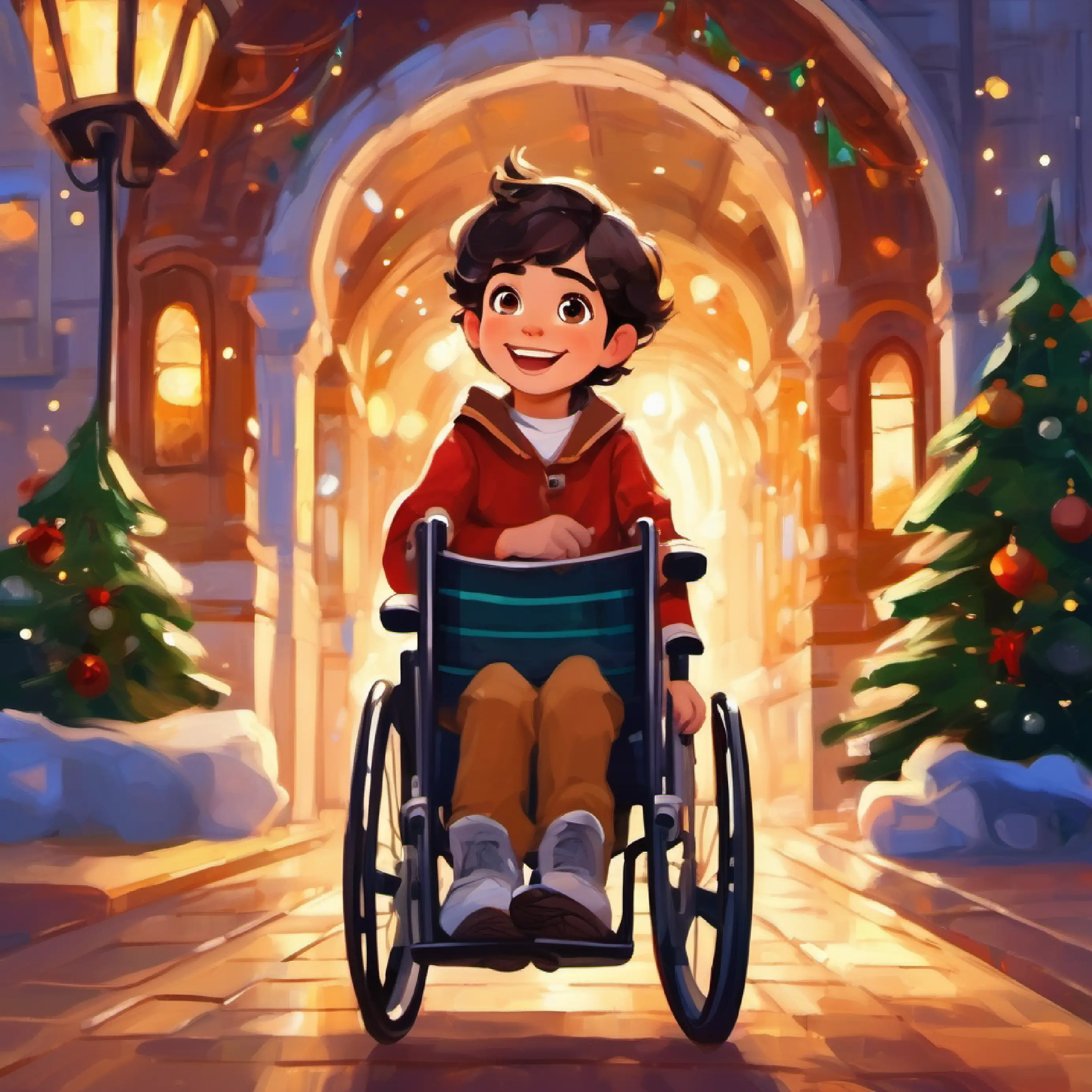 Curious boy with brown eyes, energetic and curious and Kind girl with dark hair, bright smile, uses a wheelchair playing, wheelchair, friendship, inclusivity.