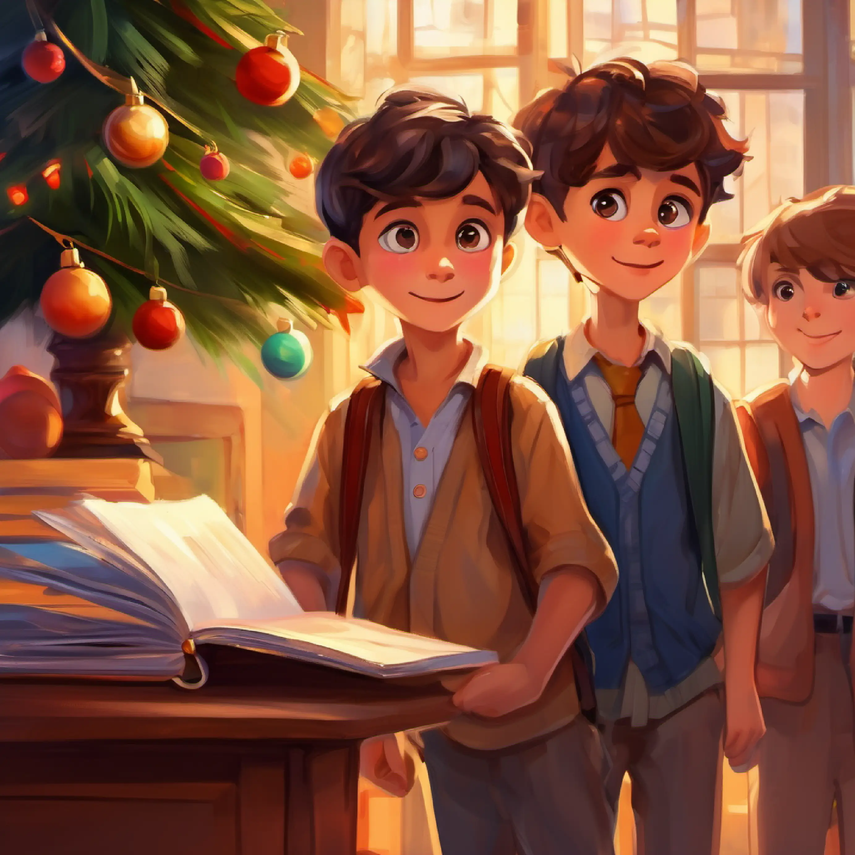 Curious boy with brown eyes, energetic and curious at school, meeting Friendly boy with a cane, light-hearted, blind, blindness, love for reading.