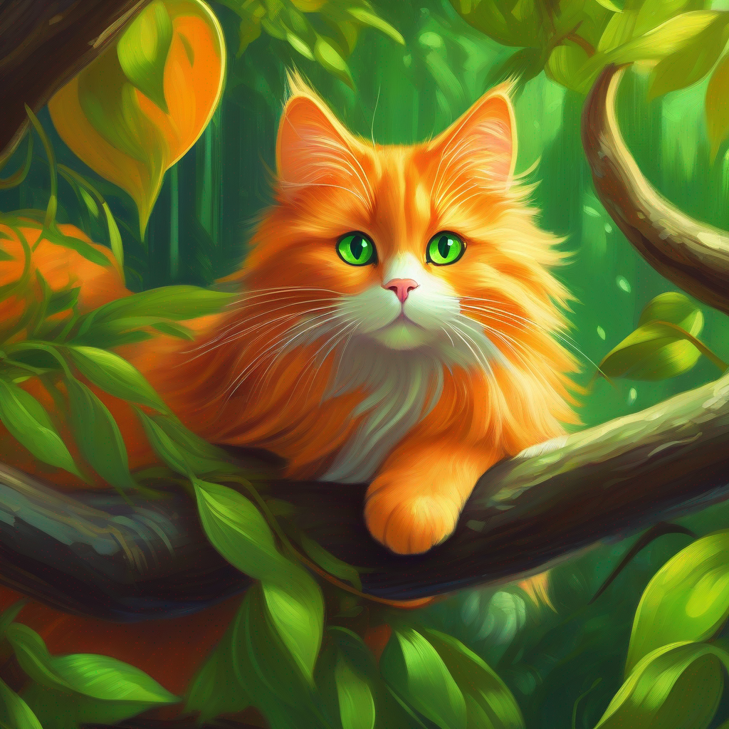 Curious cat with orange fur and bright green eyes hanging from a tree, listening intently