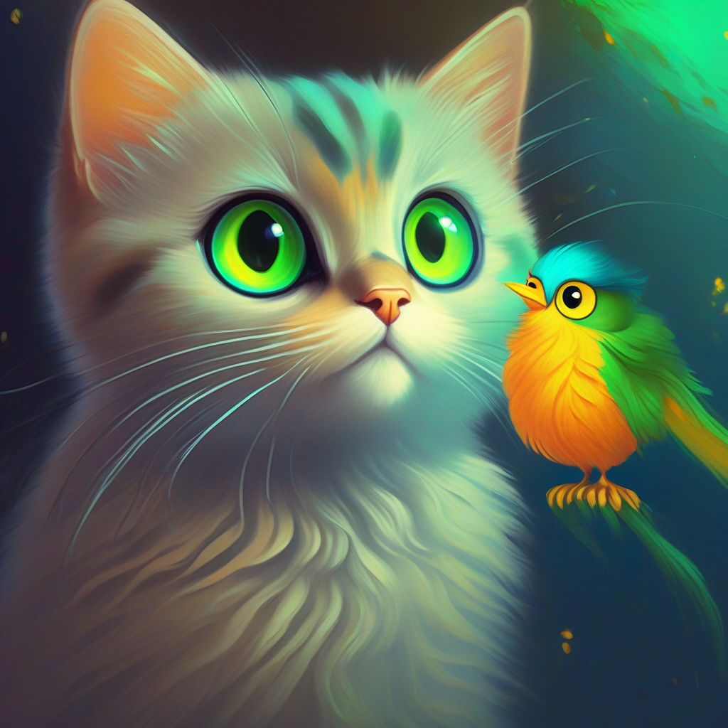 Curious cat with orange fur and bright green eyes with wide eyes, asking Tiny yellow bird with blue wings