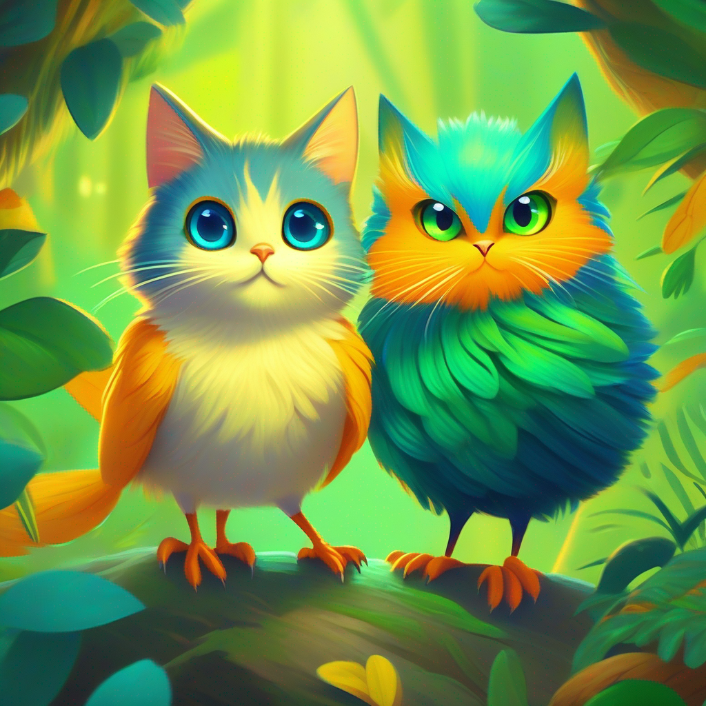 Tiny yellow bird with blue wings and Curious cat with orange fur and bright green eyes setting off together on an adventure