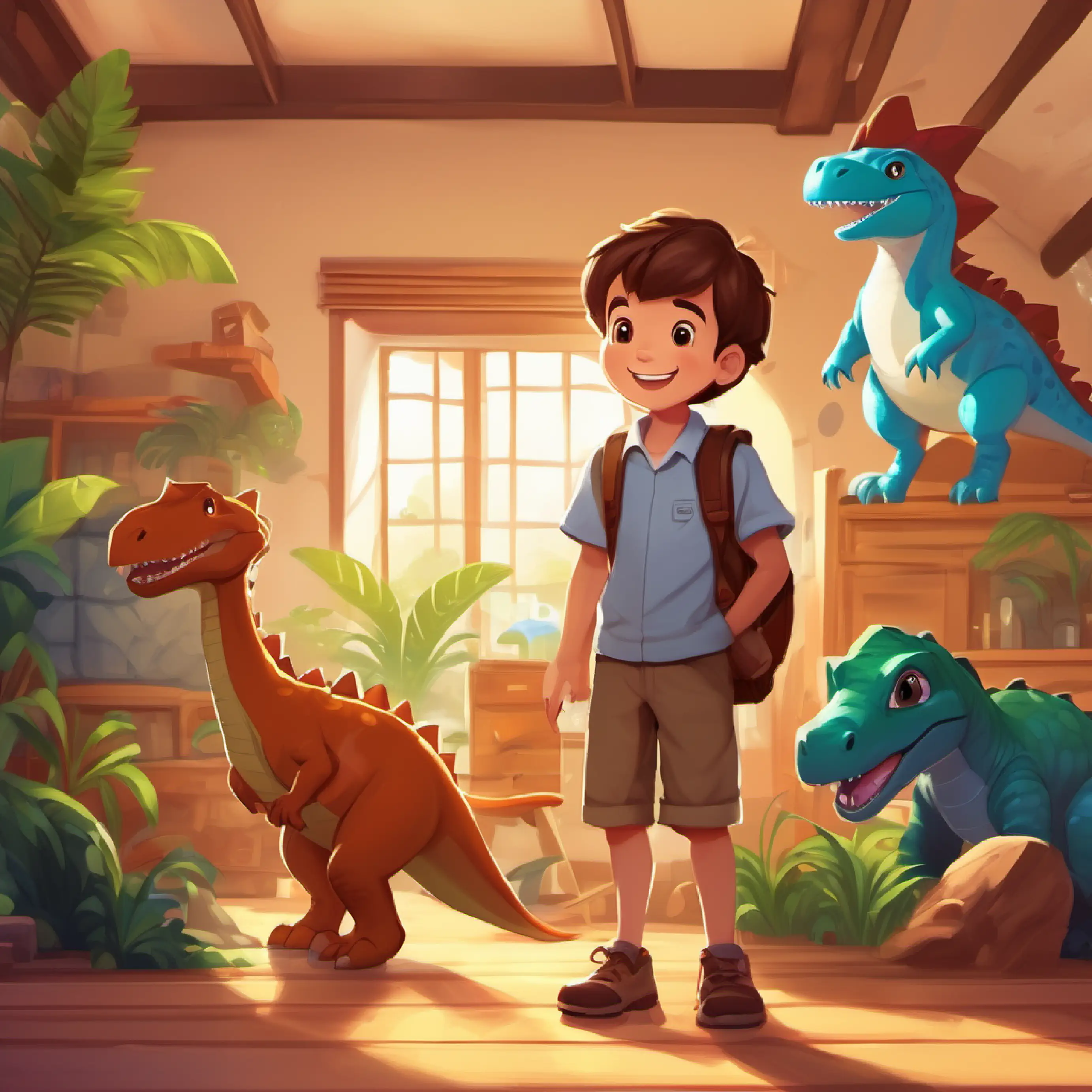 Introduction of A boy with a big smile, loves dinos and dragons, brown hair and his love for dinosaurs, his room.