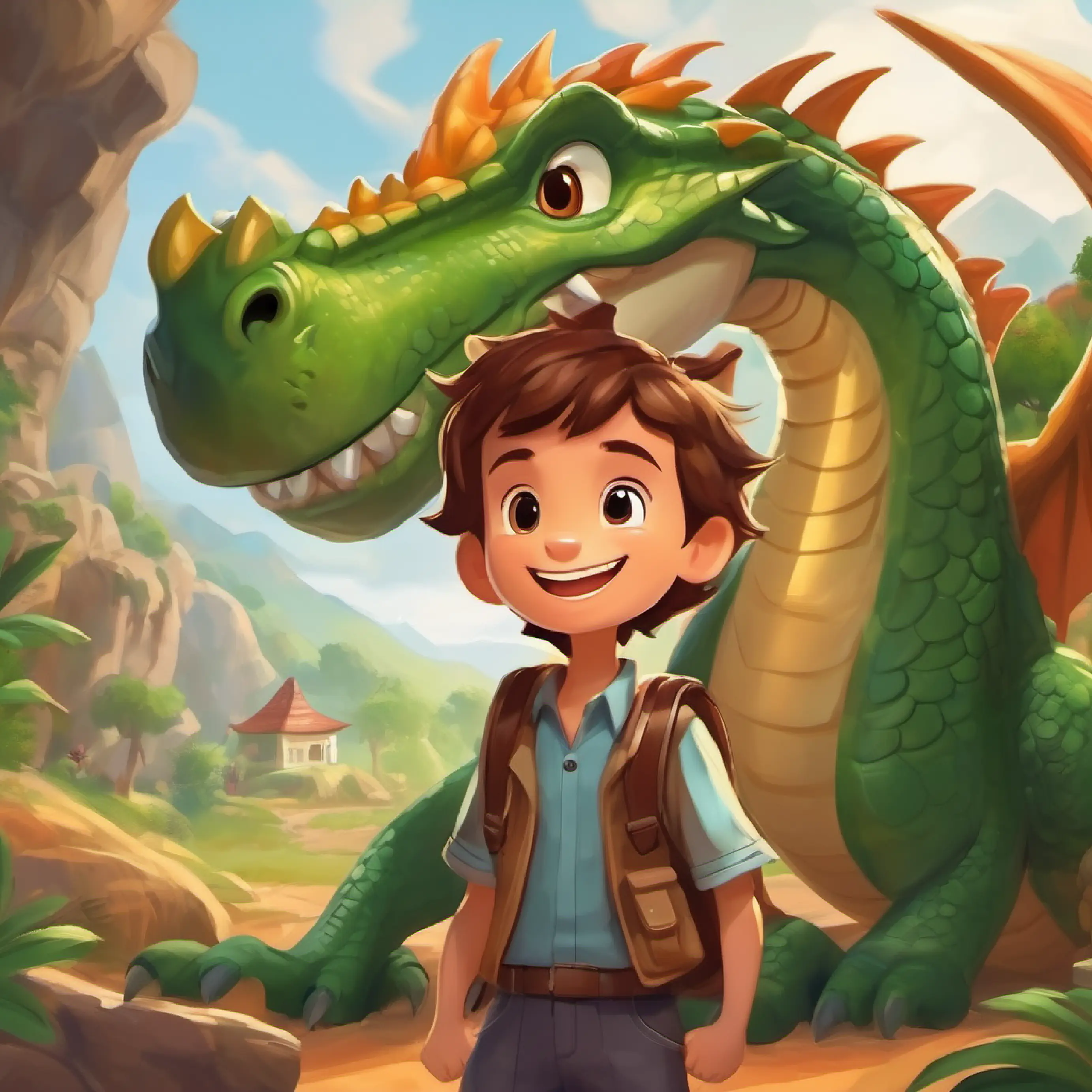 A boy with a big smile, loves dinos and dragons, brown hair's toy turns into a real dragon, invitation for adventure.