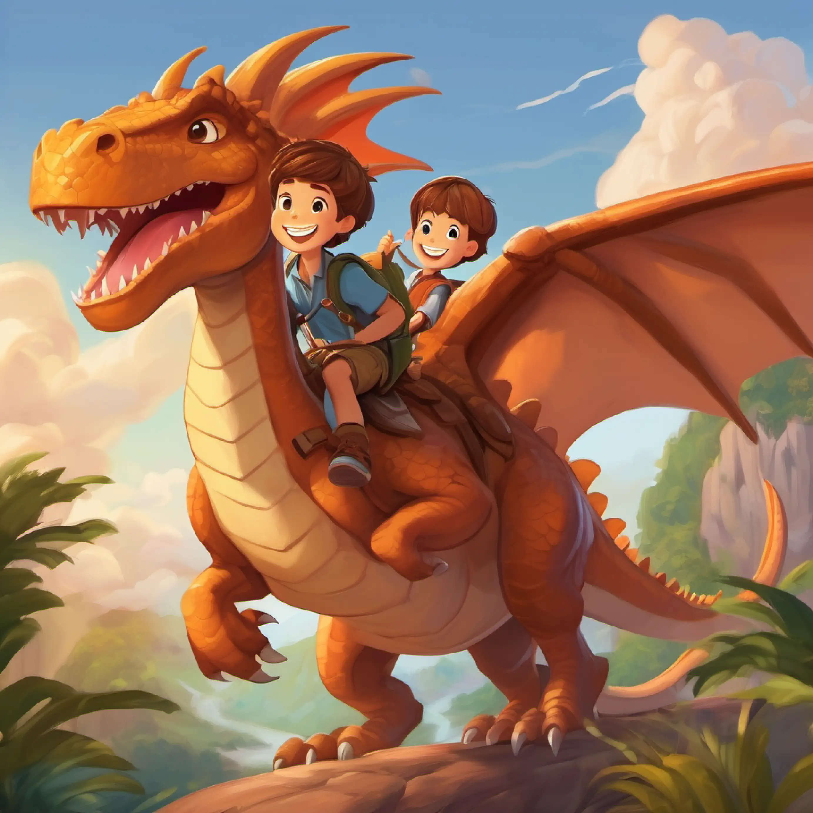 A boy with a big smile, loves dinos and dragons, brown hair rides the dragon to Dinosaur-Land.