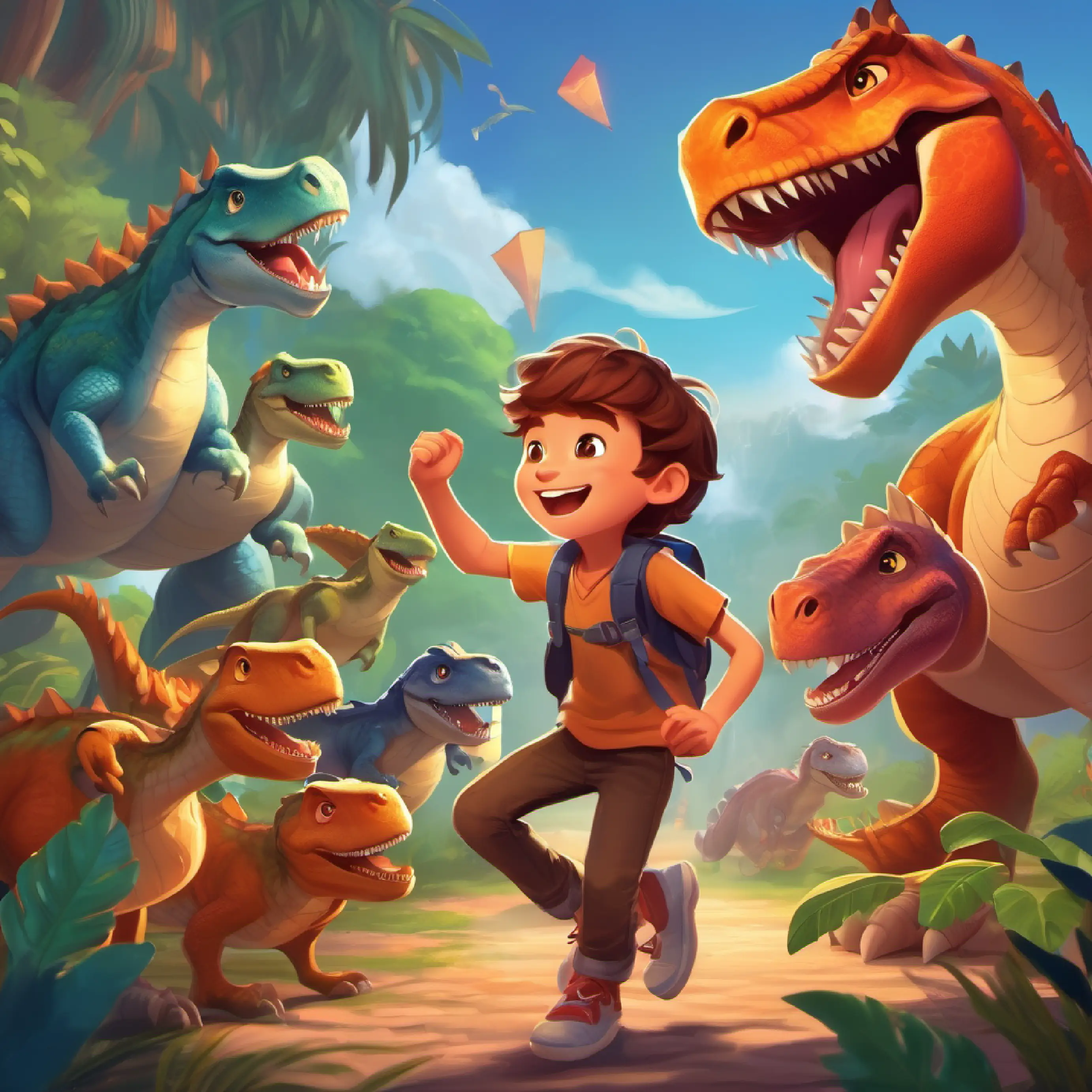 A boy with a big smile, loves dinos and dragons, brown hair's friends join the party, fun dancing with T-rexes.