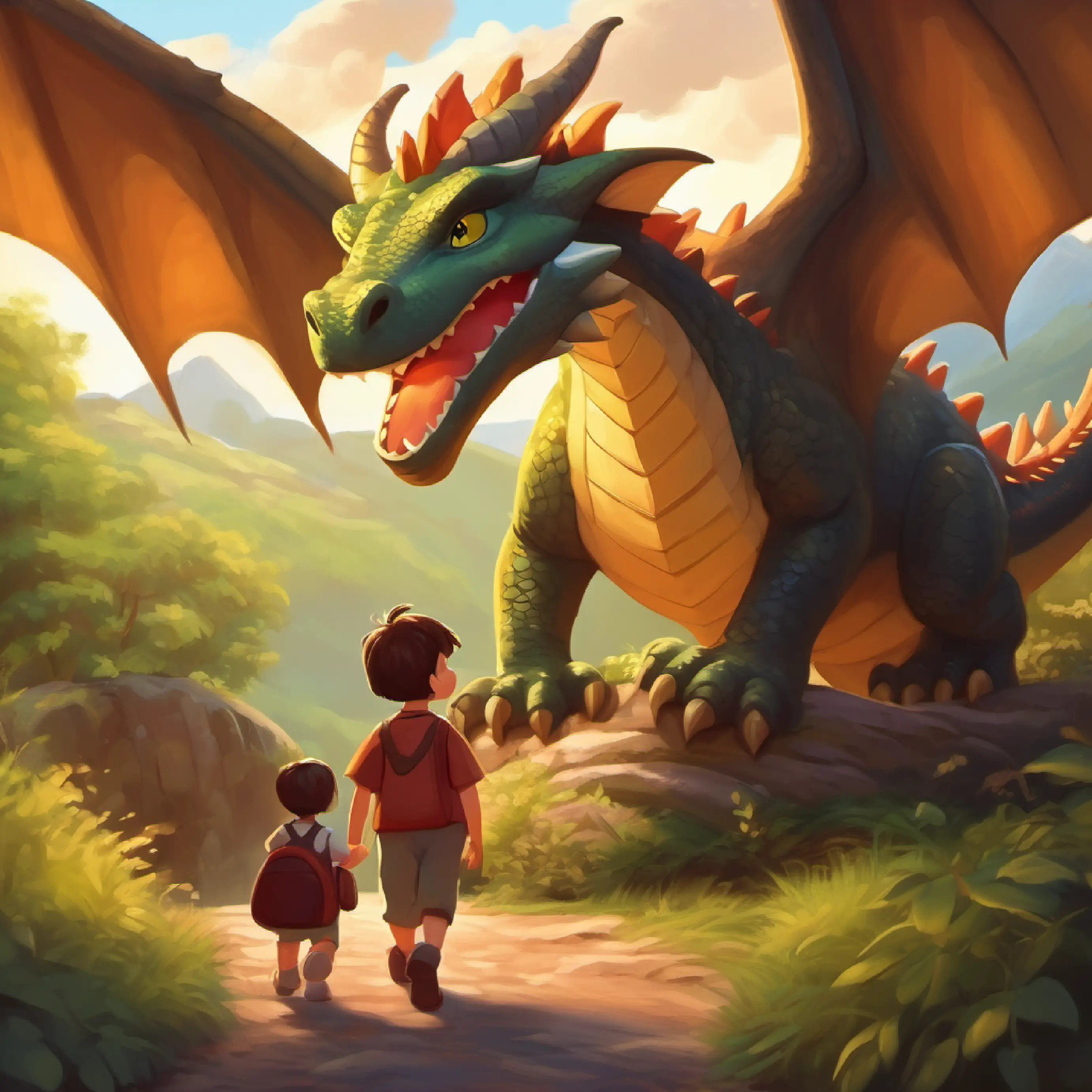 Returning home, dragon becomes a toy again, goodnight to A boy with a big smile, loves dinos and dragons, brown hair.