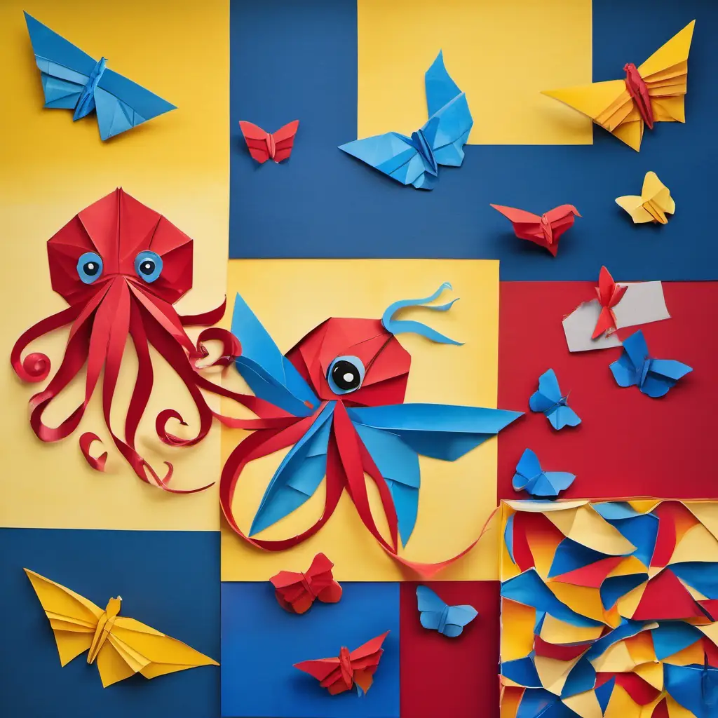 Red octopus with big round eyes the octopus dipping a tentacle in blue paint, Yellow butterfly with sparkly wings the butterfly adding red paint to her wings, and Blue bird with a fluffy feather coat the bird mixing yellow and blue paint on a canvas