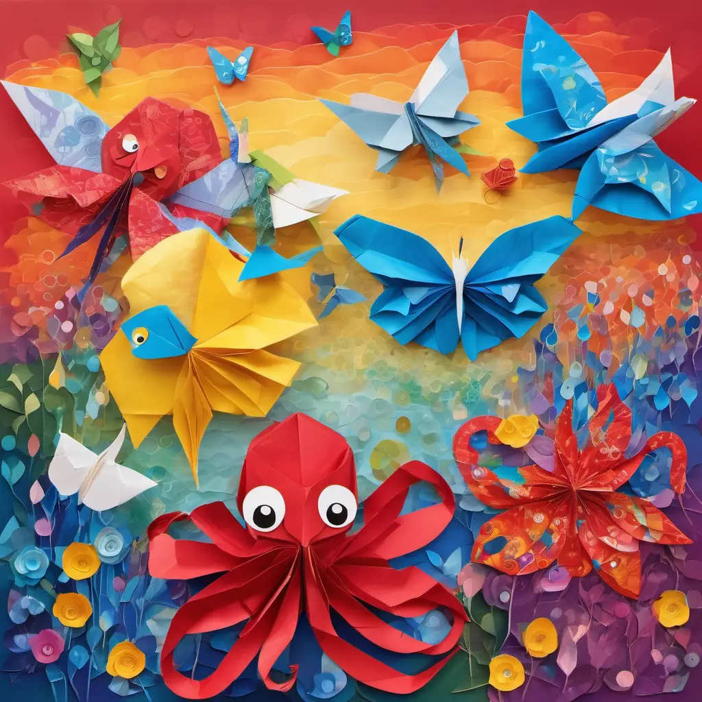 Red octopus with big round eyes, Yellow butterfly with sparkly wings, and Blue bird with a fluffy feather coat mixing colors and sharing their knowledge with their friends. The land filled with vibrant colors.