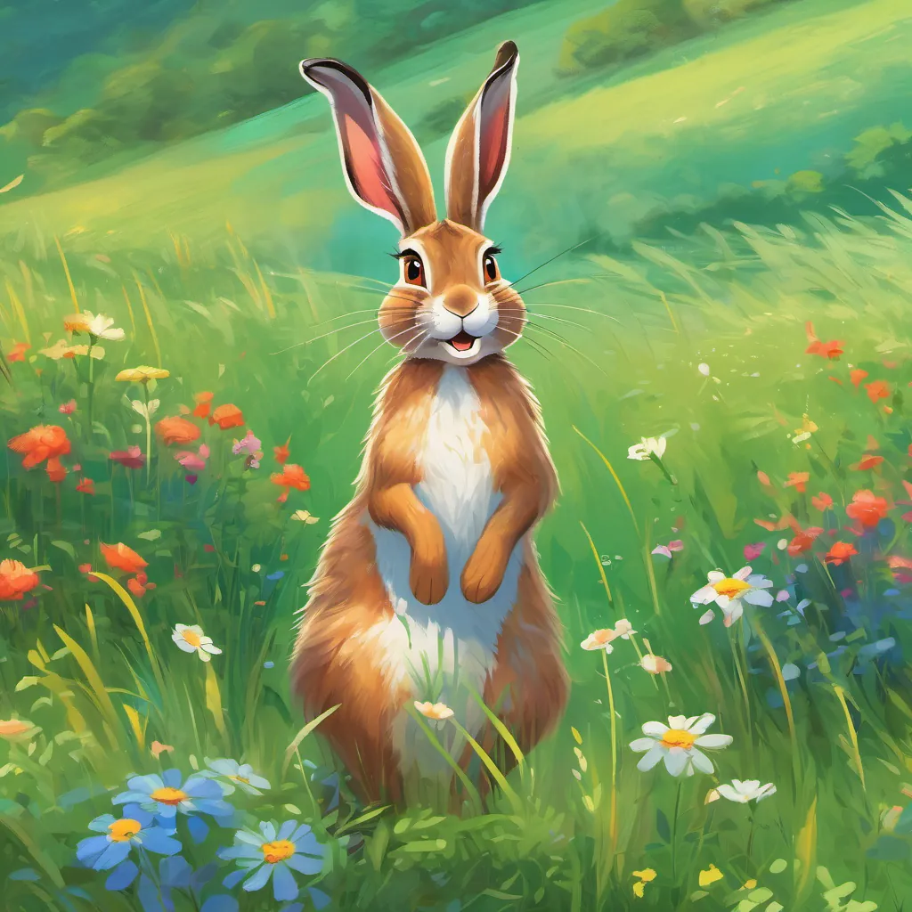 A cheerful, whimsical hare with a bright smile, standing in a lush green meadow filled with wildflowers and tall, swaying grass under a blue sky.