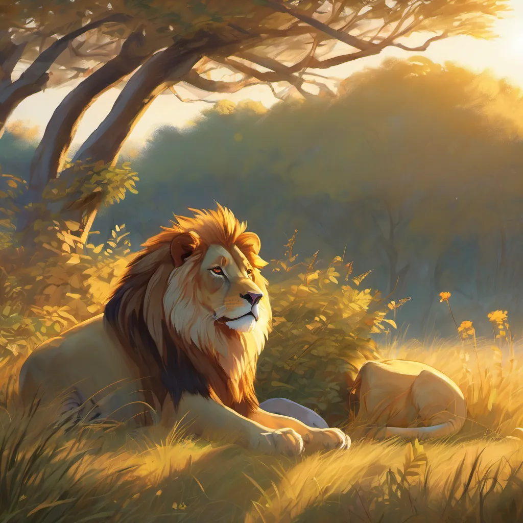 A tired-looking lion resting in a clearing with a golden sunrise casting long shadows over the meadow.