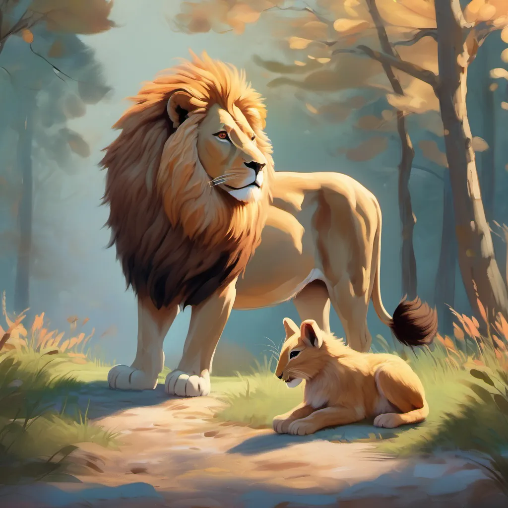 The lion calmly walking past the resting hare with a light breeze ruffling his mane, while the hare sleeps.
