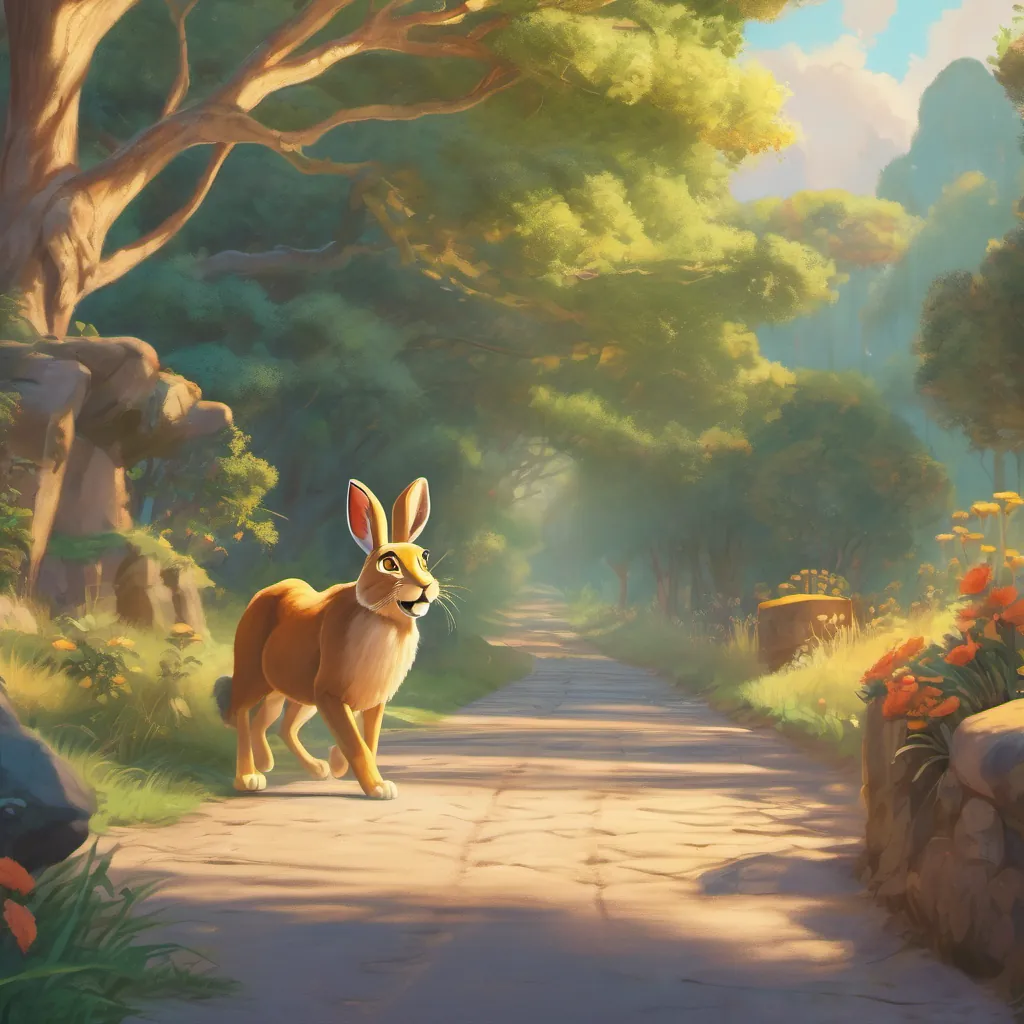 The hare waking up with wide eyes and a shocked expression as he sees the lion triumphantly crossing the finish line.