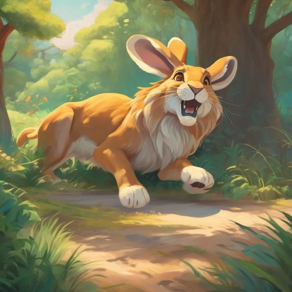 The hare bouncing energetically towards the lion, who is lying down looking surprised but intrigued.