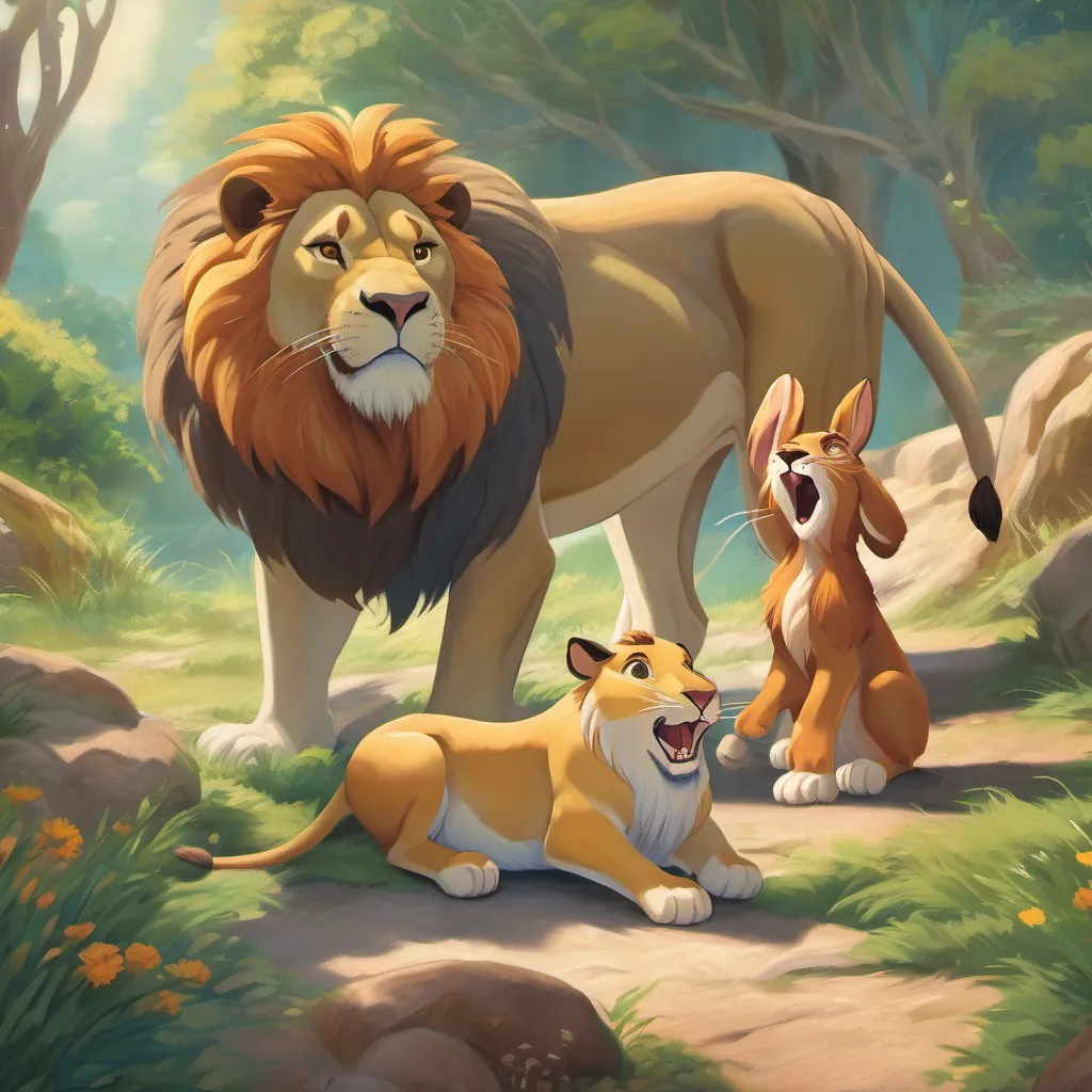 The lion stretching his limbs and yawning widely, showing his large teeth, while the hare looks at him excitedly.