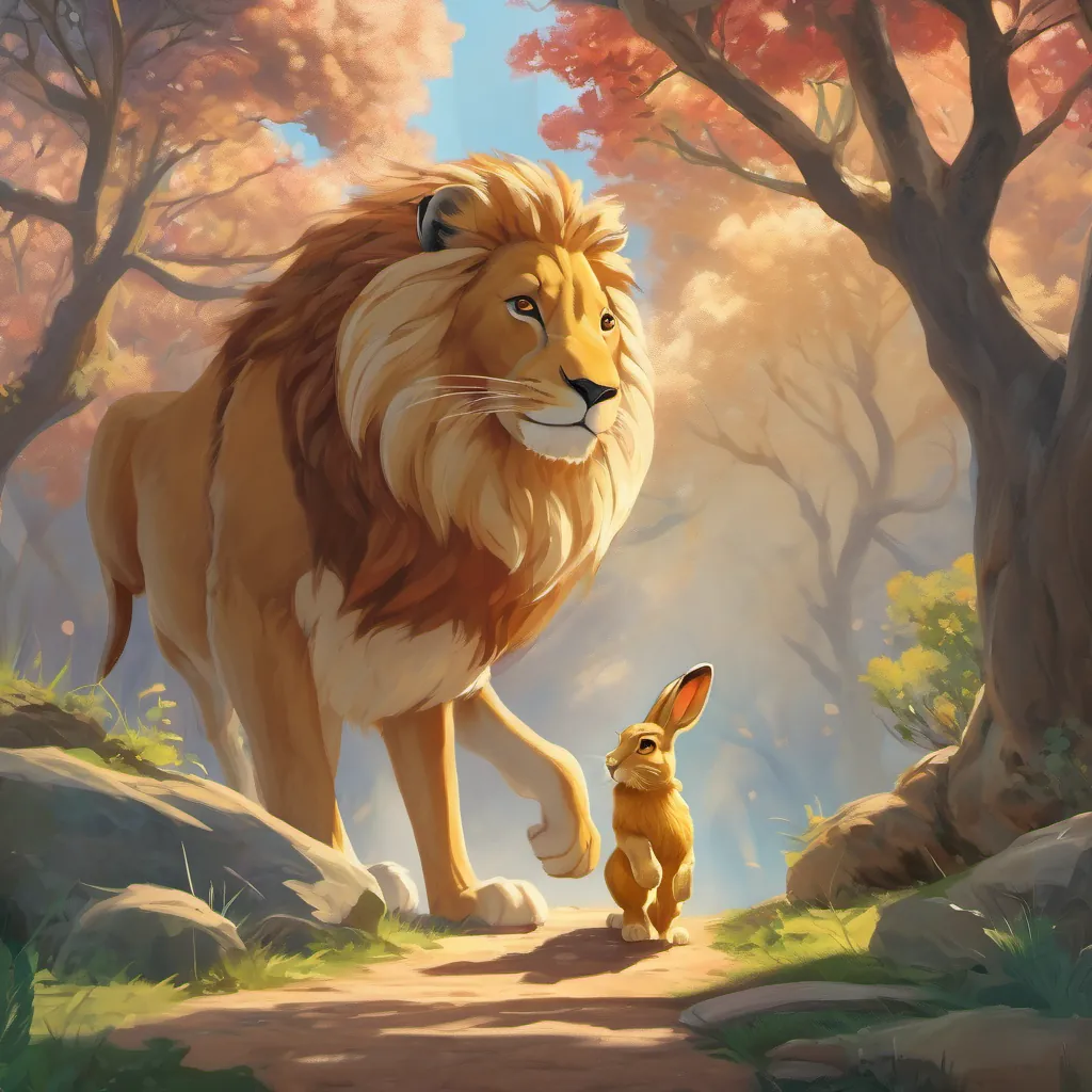 The hare eagerly encouraging the lion, using energetic body language to persuade him.