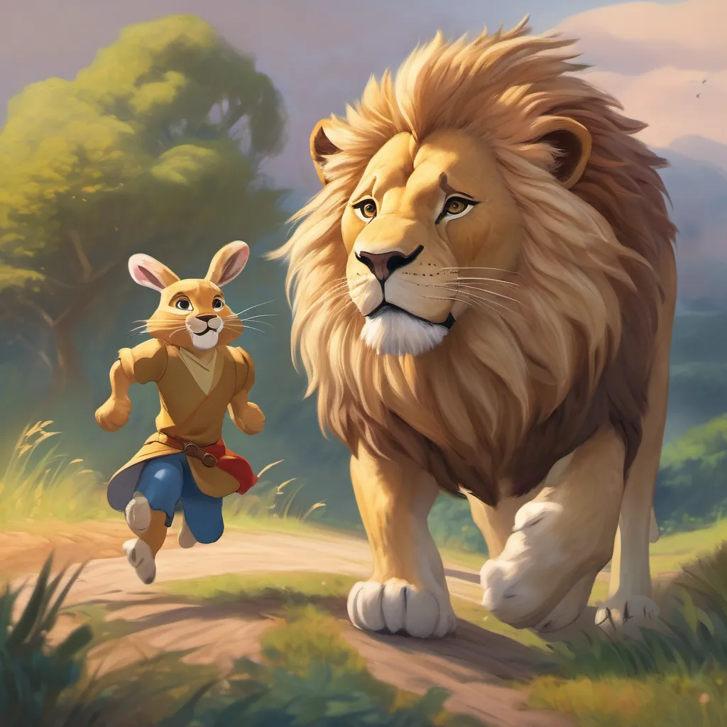 The lion slowly standing up with a reluctant but good-natured expression, while the hare bounces in place, ready to race.