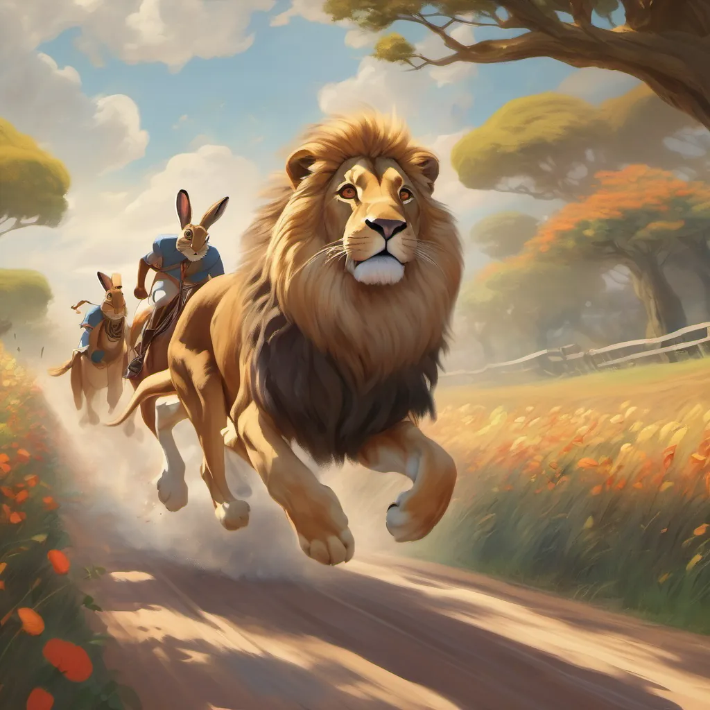 The hare dashing ahead quickly as the lion begins the race with a slow, steady pace, dust kicking up behind them.