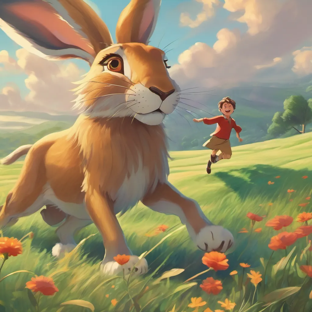 The hare playfully darting side to side across the meadow, feeling joyful and teasing the lion behind him.