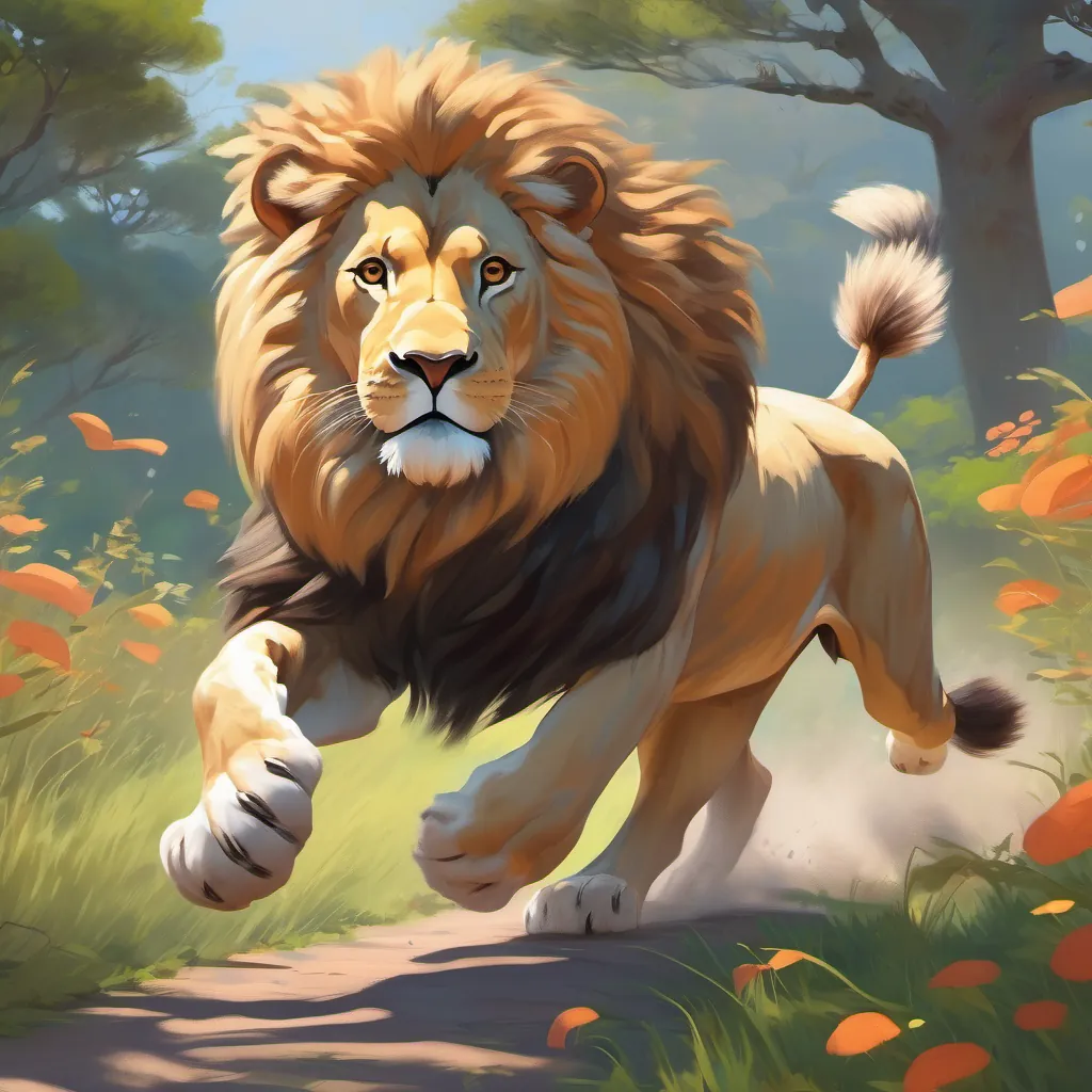 The lion walking steadily with a determined expression, not bothered by the hare's head start.