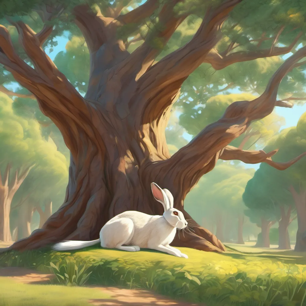 The hare resting joyfully under a large shaded tree, looking confident and relaxed.