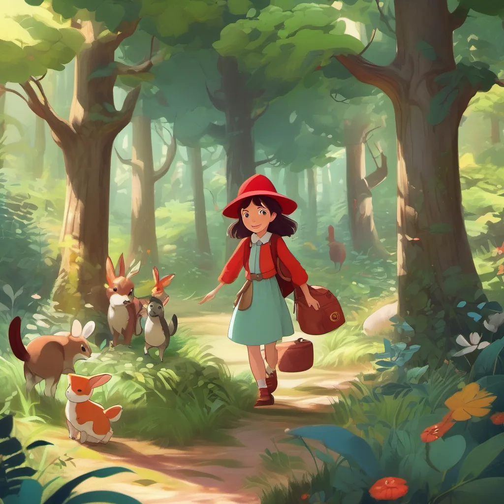 A whimsical forest setting with a young girl, A curious and adventurous young girl with a red hat, always ready for a new adventure in the forest, looking excited and curious, surrounded by playful animals.