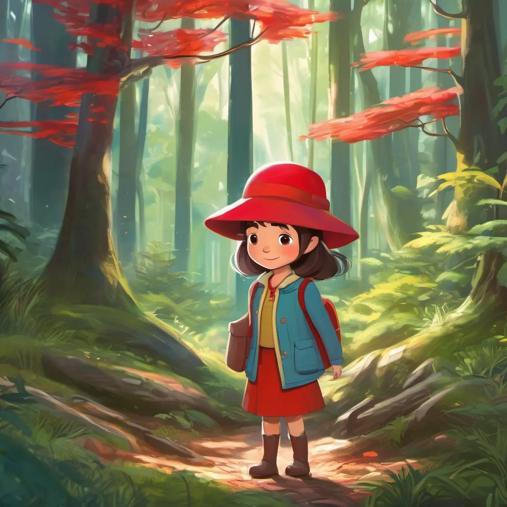 A curious and adventurous young girl with a red hat, always ready for a new adventure in the forest in her red hat, holding onto the edge of her hat, ready to step into the vibrant forest.