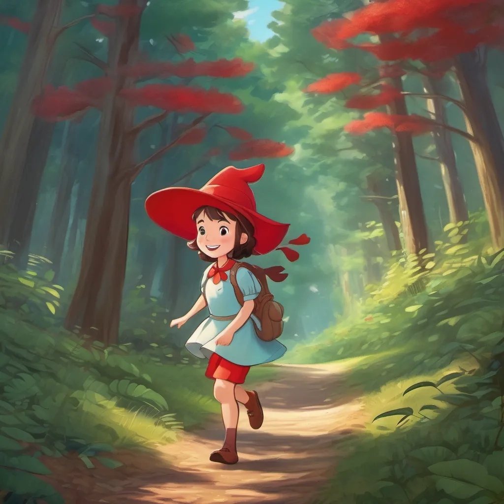 A curious and adventurous young girl with a red hat, always ready for a new adventure in the forest skipping merrily through the forest, feeling safe and joyous after her adventure.