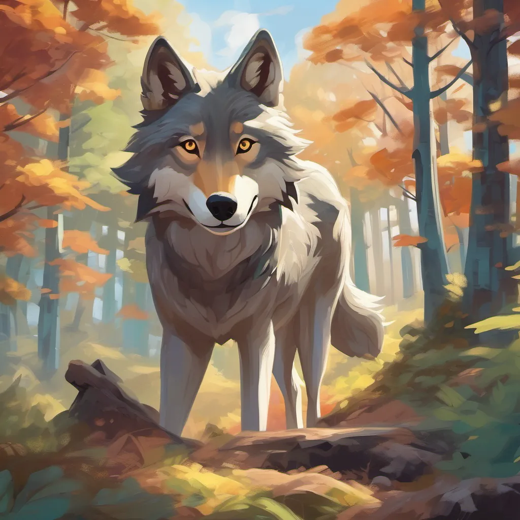 A friendly but mischievous-looking wolf with bright eyes, appearing suddenly among the trees.