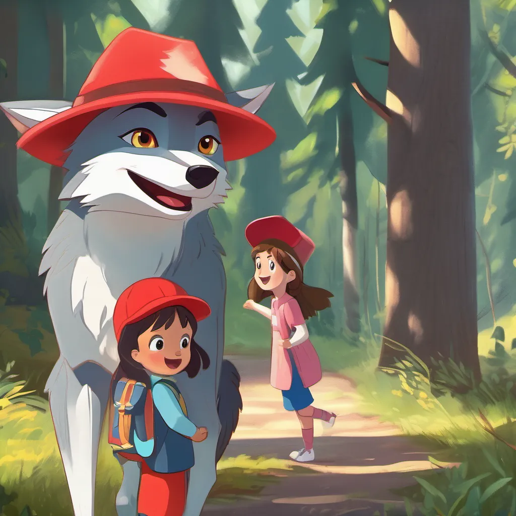 The wolf speaking cheerfully to A curious and adventurous young girl with a red hat, always ready for a new adventure in the forest, his body language friendly and inviting.