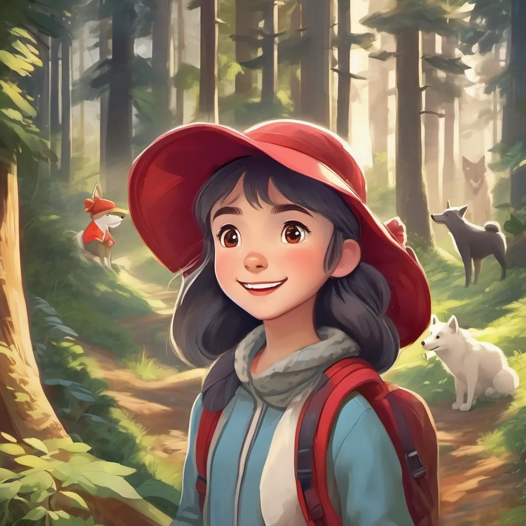 A curious and adventurous young girl with a red hat, always ready for a new adventure in the forest laughing happily, finding joy in the wolf's playful nature.