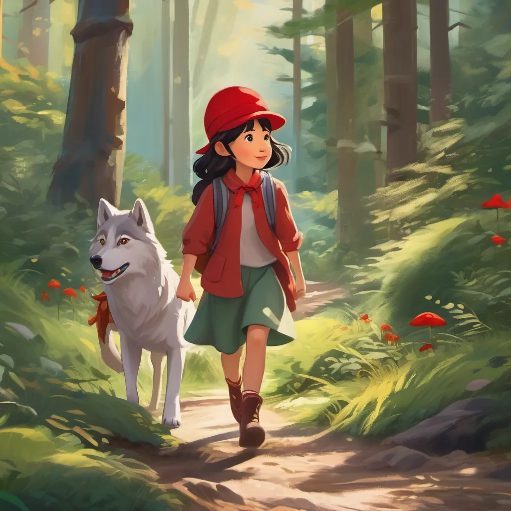 A curious and adventurous young girl with a red hat, always ready for a new adventure in the forest and the wolf running and playing together joyfully through the forest.