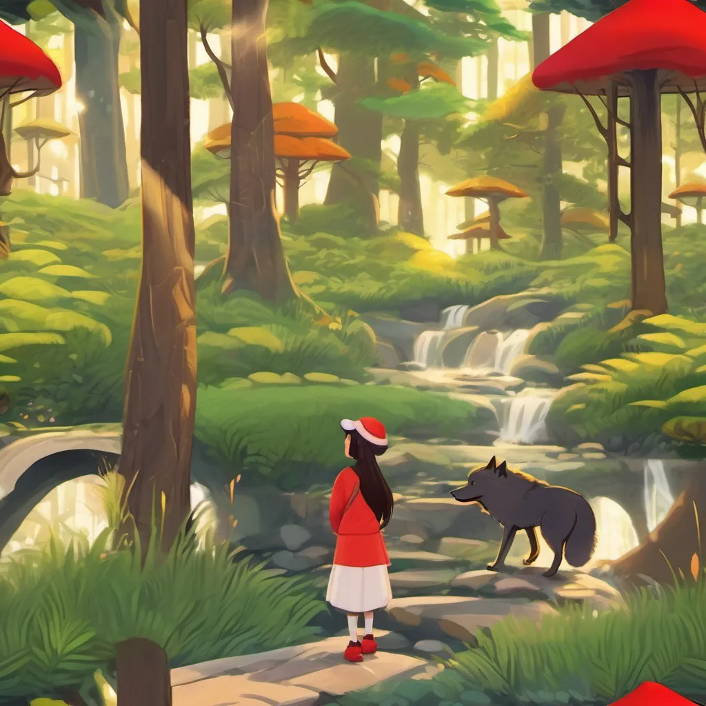 Scenes of A curious and adventurous young girl with a red hat, always ready for a new adventure in the forest and the wolf engaged in fun games, with the setting sun casting a golden glow.