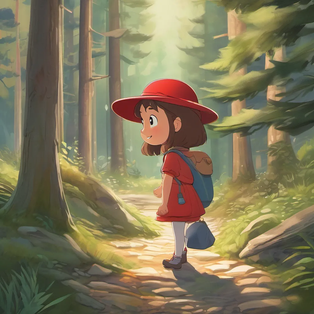 A curious and adventurous young girl with a red hat, always ready for a new adventure in the forest waving goodbye to the wolf, with the promise of more fun adventures in the future.
