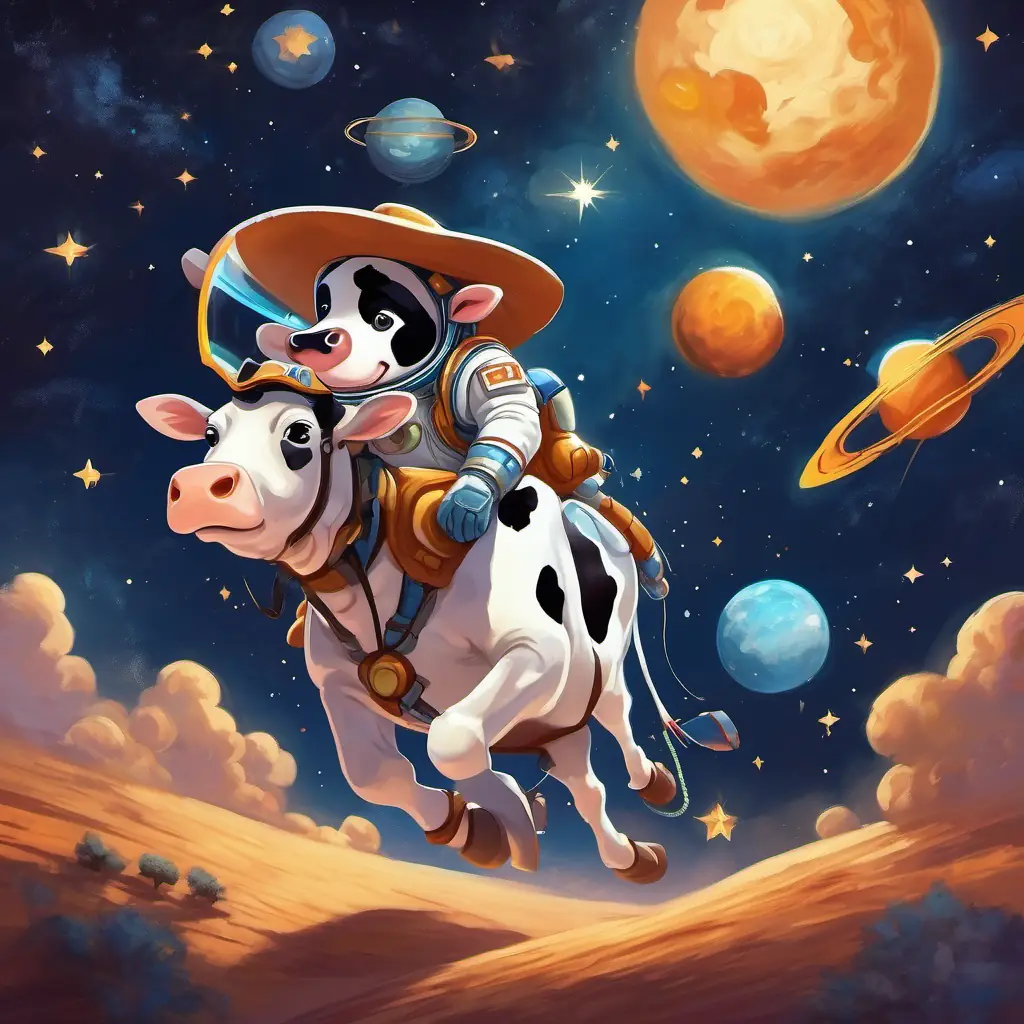 Caw the Cow wearing a cowboy hat and spaceship, flying through the stars in outer space.