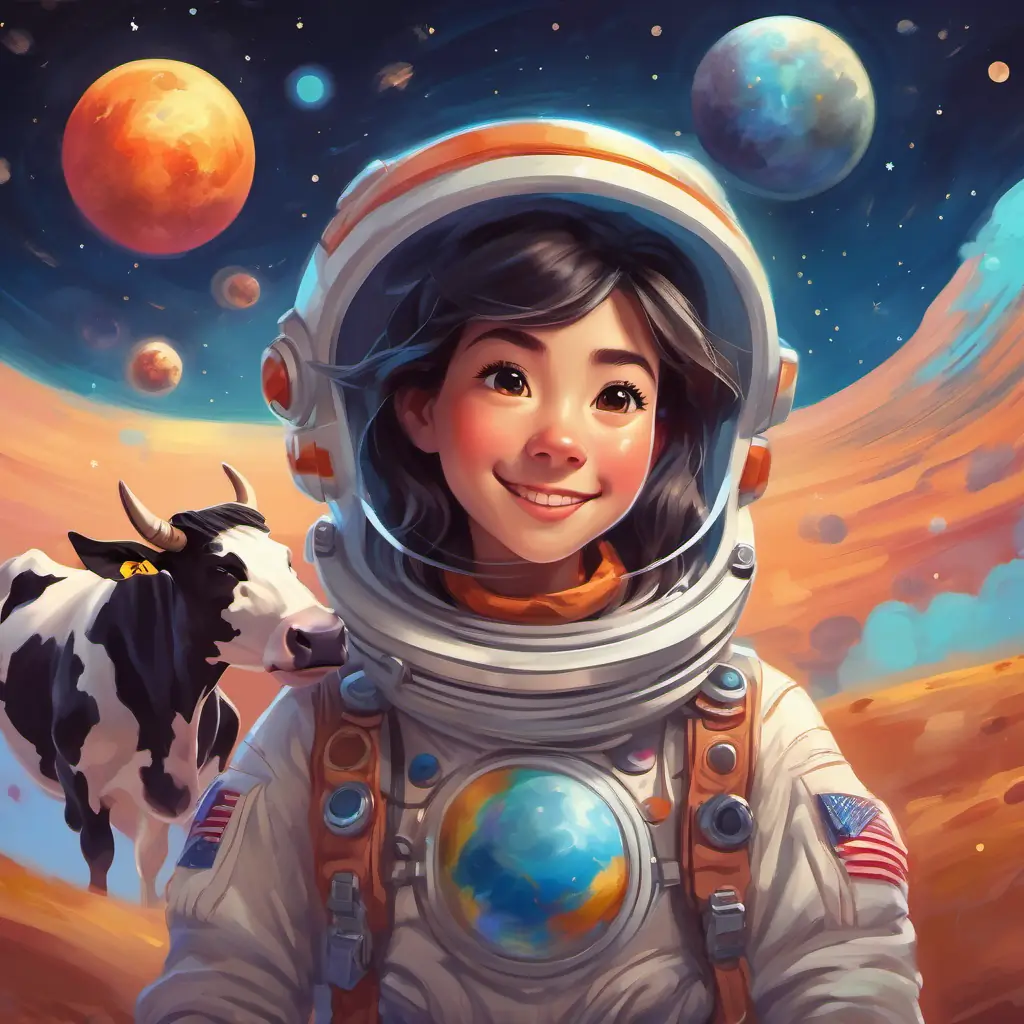 Caw the Cow zooming past planets, with a happy and determined expression on her face.