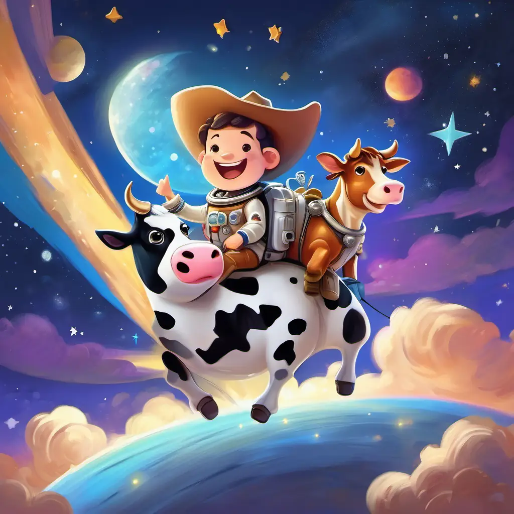 Caw the Cow and the star flying and laughing, with shimmering colors all around them.