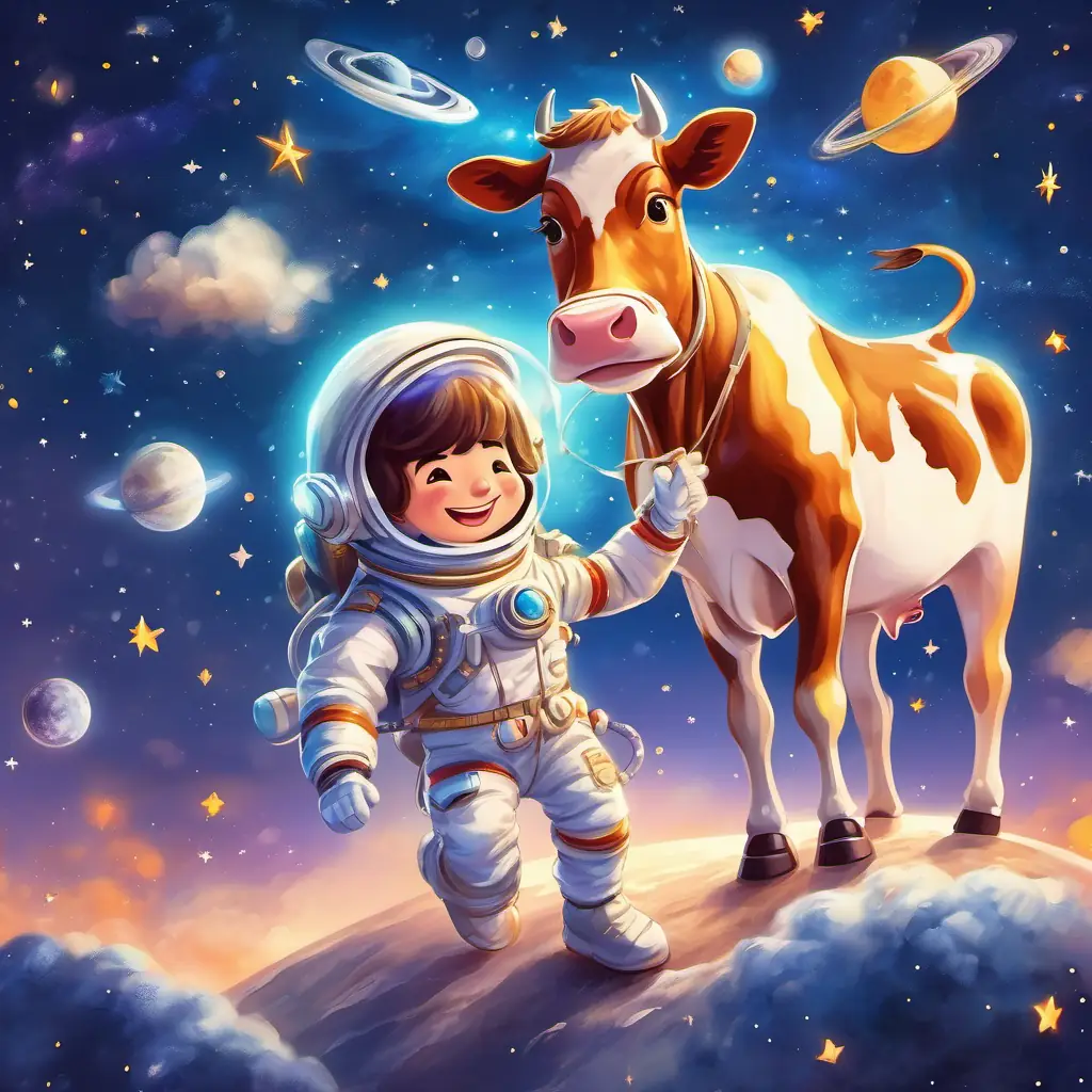 Caw the Cow and the star holding hands as they fly and laugh together, surrounded by sparkles and galaxies.