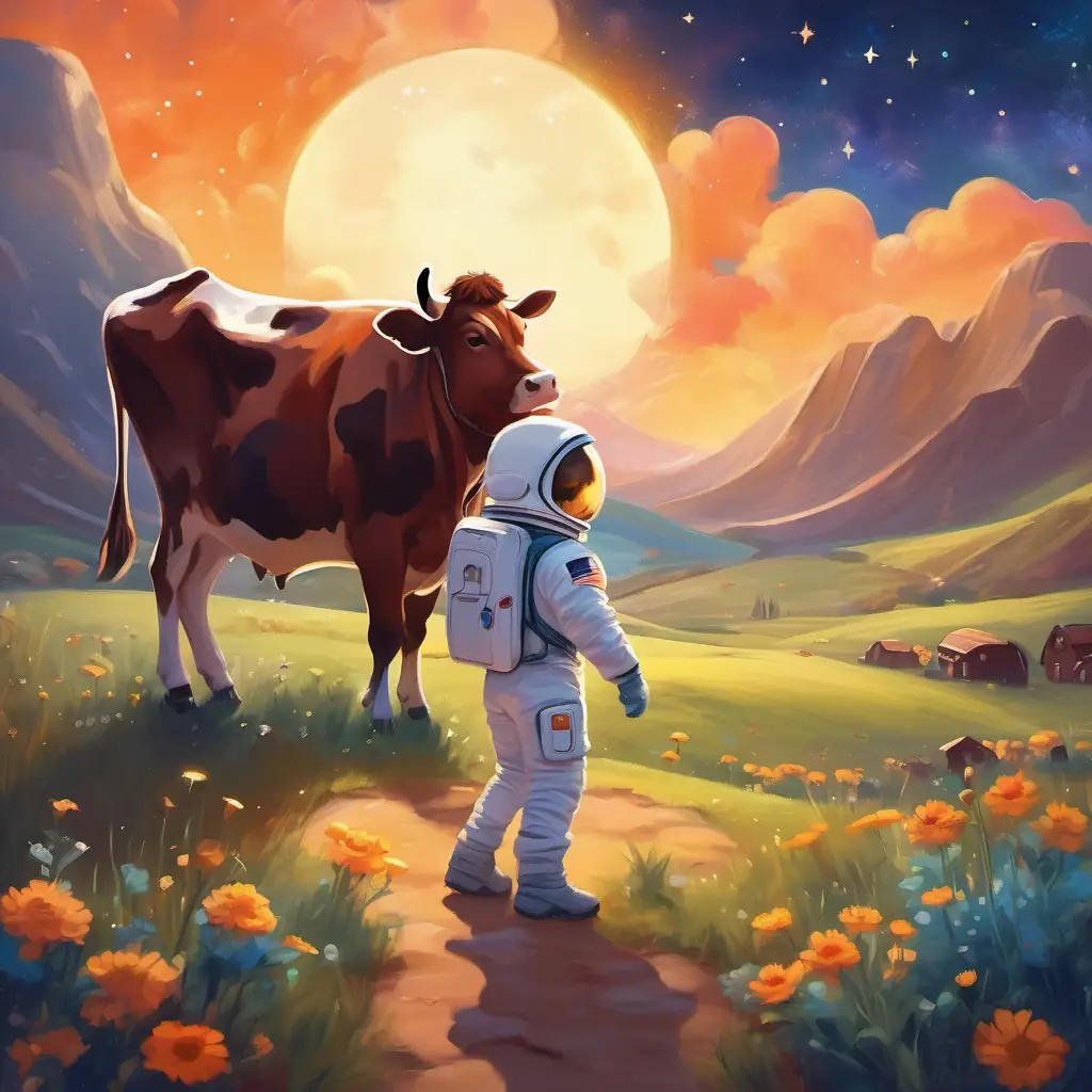 Caw the Cow and the star waving goodbye, with bright smiles and twinkling eyes, in the midst of the beautiful cosmos.