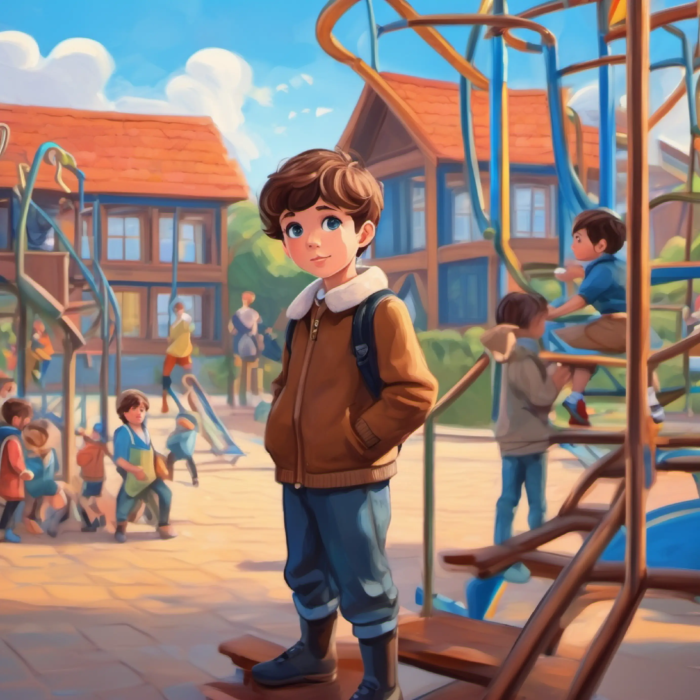 A curious boy with short brown hair and wide blue eyes observing the school playground.