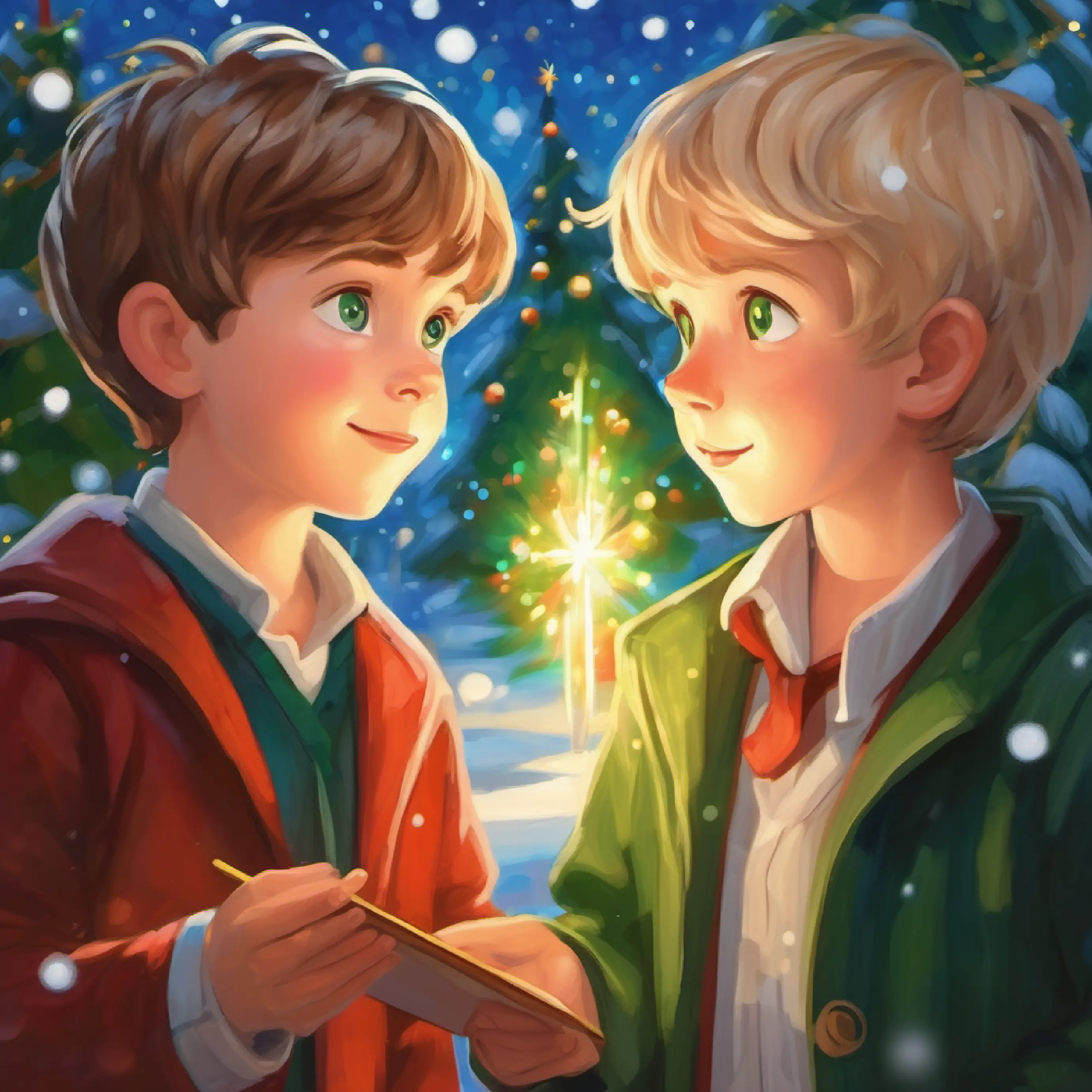 A curious boy with short brown hair and wide blue eyes meeting Kindly teacher with long blonde hair and twinkling green eyes.