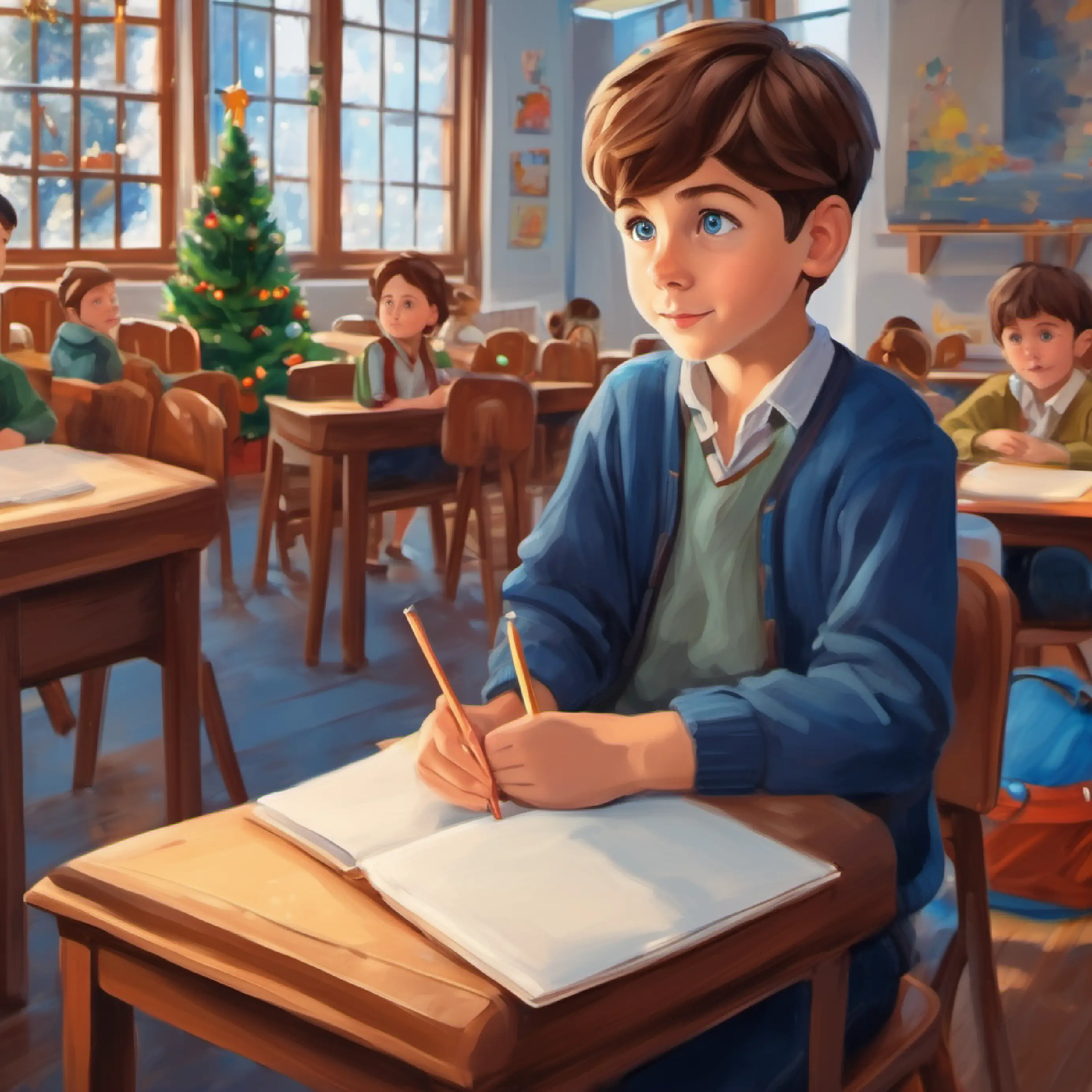 A curious boy with short brown hair and wide blue eyes getting to know the classroom environment.