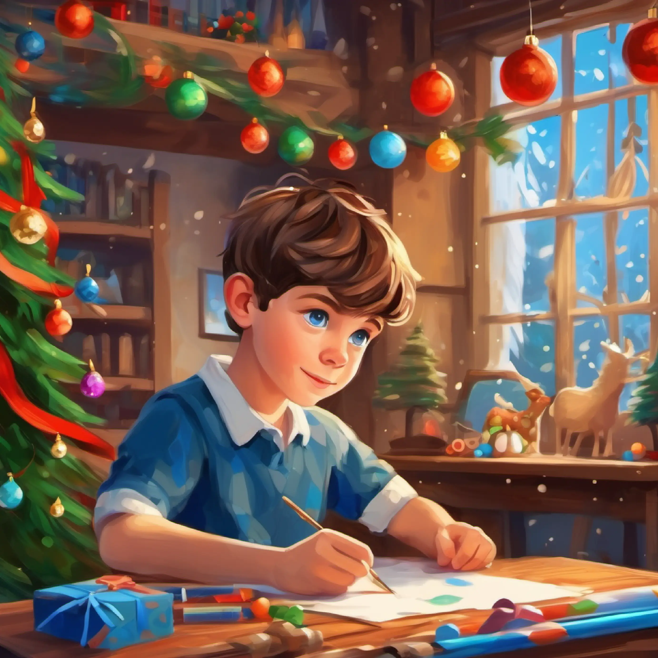 A curious boy with short brown hair and wide blue eyes participating in the craft activity.