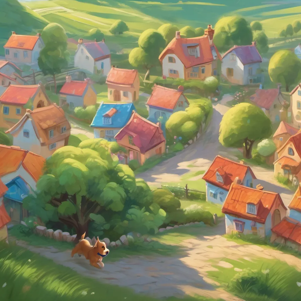 A cheerful small town with colorful houses and a bright sun; a playful puppy with large eyes and fluffy ears, frolicking in a sunny field.