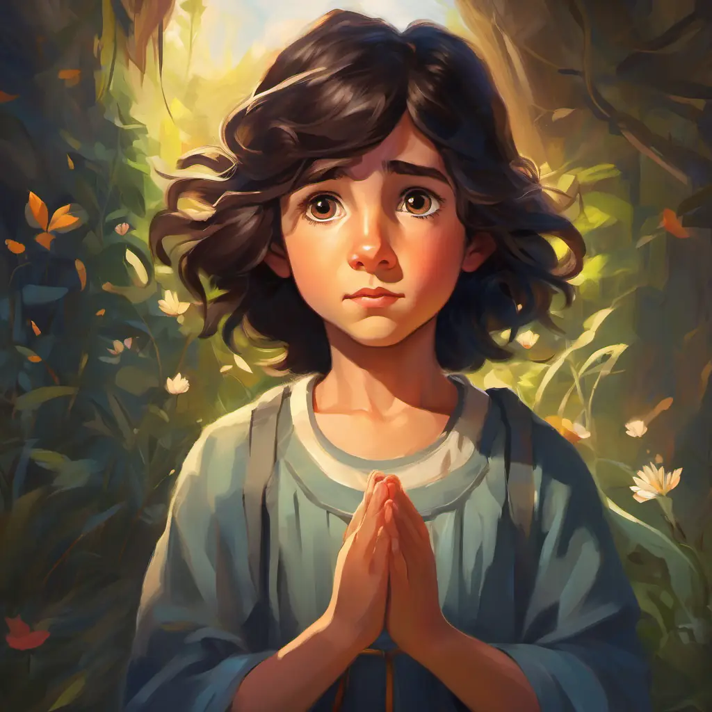 Wise and kind, with dark hair and bright, curious eyes console's Determined and teary-eyed, with tousled hair and worried eyes and suggests prayer