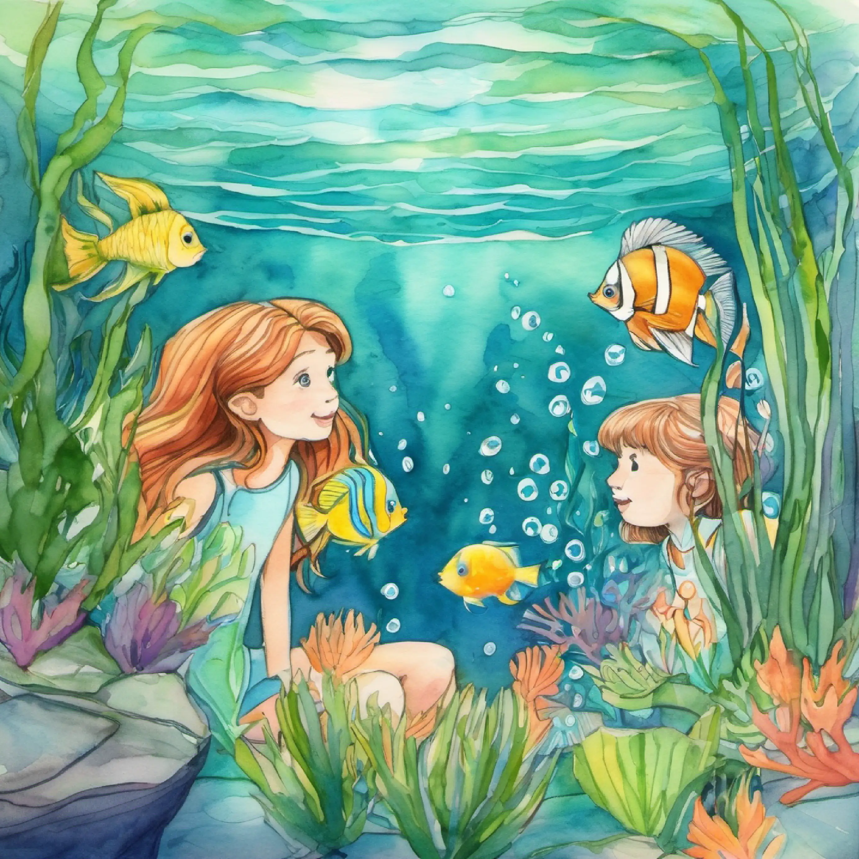 The friends are mesmerized by the swimming fish.