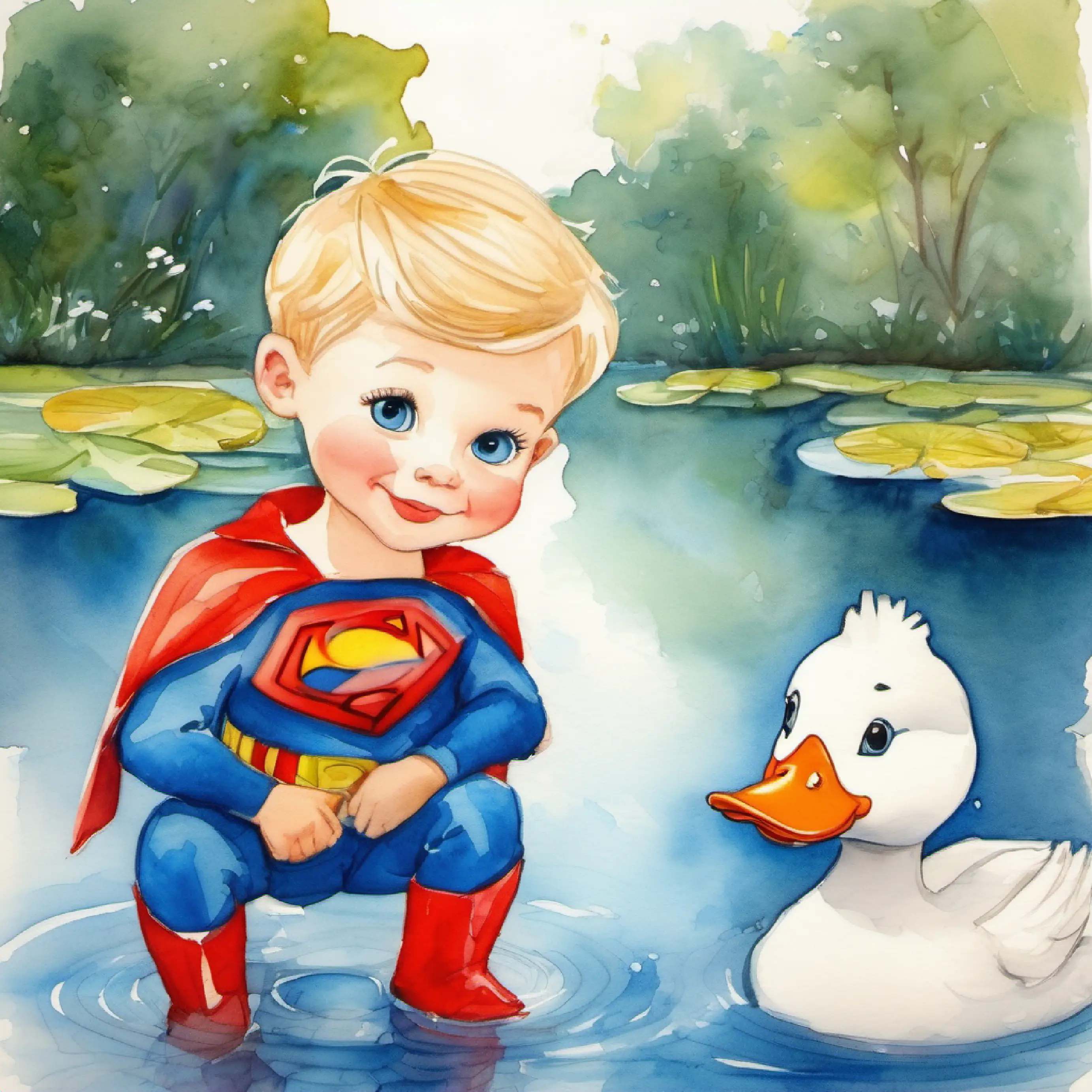 Ducks in the pond captivate Theodore and Lukas.